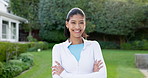 Arms crossed, fitness and smile of woman in neighborhood for commitment or dedication to cardio. Exercise, happy and proud with runner outdoor in residential community for health training or workout