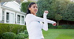 Breathing, fitness and stretching with woman in neighborhood for commitment or dedication to cardio. Exercise, training and warm up with runner outdoor in residential yard for workout preparation