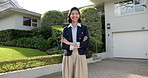 Face, woman and real estate agent with confidence by house, residential property and investment. Arms crossed, happy person and realtor with home sale, mortgage opportunity and about us outdoor