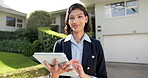Smile, woman and realtor with tablet by house, property management and valuation at front yard. Face, happy person or real estate agent with tech for home sale opportunity, listing or about us