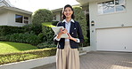 Smile, woman and realtor with tablet outdoor by house, residential property management or investment. Face, happy person or real estate agent with tech for home sale, mortgage opportunity or about us