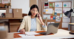 Ecommerce, woman and laptop with phone call for discussion, stats update and plan online shop sale. Happy, person and conversation in small business with tech, contact and revenue data for logistics.
