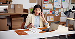 Ecommerce, woman and stress with phone call for discussion, low sales data and shipping delay update. Worried, person and talk in small business with tech, contact and stats for financial crisis.