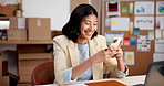 Ecommerce, woman and laugh in office with phone, website insights and funny trends for online shop. Happy, person and typing in small business with tech, app data or social media meme for sales joke.