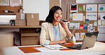Woman, consultant or phone with speaker in office for small business logistics or online assistance. Female person, agent or entrepreneur talking with loudspeaker app for audio message or voice note