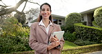 Smile, woman and real estate agent with tablet, residential property investment or development. Face, happy mature person or realtor with tech for home sale, mortgage opportunity or about us outdoor