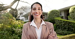 Face, woman and realtor with confidence by house,  property investment and about us at garden. Arms crossed, happy mature person or real estate agent with home sale, mortgage opportunity or pride