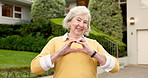 Home, face and old woman in front yard with heart hands, property investment and retirement wellness. Happy, senior person outdoor and moving in new house with love emoji, good mood and real estate.