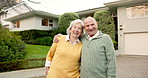 Face, hug and old couple in front yard with new home, smile and property investment for retirement. Happy, married senior people outdoor and moving in dream house with embrace, love and real estate.