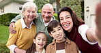 Selfie, grandparents and happy kids with mother outdoor by house for family memory, love or bonding. Face, generations and picture of children with mom, smile or POV photo for social media status