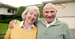 Face, hug and old couple in front yard with new house, smile and property investment for retirement. Happy, married senior people outdoor and moving in dream home with embrace, love and real estate.