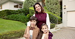 Face, mother and children in front yard with new home, family property or laugh for bonding together. Happy, mature woman and kids moving in dream house with love, relocation or pride for real estate