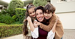 Mother, children and hug in front yard with new home, property investment and love bonding together. Face, happy mature woman and kids outdoor by dream house with embrace, relocation and real estate.