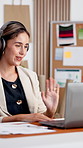 Laptop, woman and video call in office for ecommerce, procurement document and wave with headphones. Computer, happy entrepreneur or virtual meeting with greeting, shipping tariff or talk in business