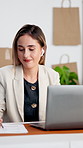 Ecommerce, earphones and woman in office with notes, groove dance and playlist in webstore task. Logistics, happy and seller with checklist, feeling beat and music streaming in online shop management