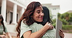 Volunteer, tablet and woman with hug for sign up outdoor, task delegation and happy or welcome. People, kindness and technology for community outreach, online checklist and charity or nonprofit team