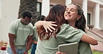 Happy, woman and volunteer outdoor with hug, thank you and participation for community service. Smile, people and embrace team with tablet for greeting, partnership and appreciation for charity event