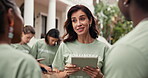 Community service, volunteer and meeting with tablet, outdoor or explain task assignment on website. Charity, team and happy people with tech, social responsibility and discussion with NGO schedule