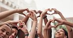 Celebration, heart hands and law students outdoor with mentor at court for education or motivation. Emoji, gesture and love with excited academic people in city for legal study of justice system