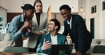 Finance, meeting or team in office with laptop, group feedback or discussion on budget analysis. Business, people or stats analyst in agency with tech, collaboration or forecasting on revenue report.