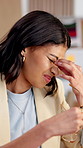 Business, woman and glasses in office with headache, campaign stress and pressure for ad deadline. Eyewear, marketing manager and migraine from eye strain, vision fatigue and client demand for launch