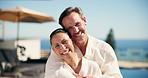 Couple, face and smile at resort with hug, bonding and partner on anniversary and holiday. Portrait, vacation and happy mature people on getaway with love, commitment and honeymoon by hotel pool