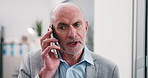 Businessman, admin or conversation with phone call in office for schedule appointment or booking. Mature man, administrator or discussion with technology for online agenda, tasks or chat in workplace