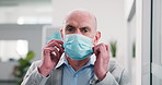 Face mask, healthcare and mature man in hospital for safety, virus prevention and germ protection. Portrait, happy and person with ppe for wellness, hygiene and medical compliance as clinic manager