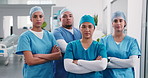 Face, nurse and professional with medical team in hospital for healthcare service or assistance. Portrait, people or health workers with arms crossed or confidence for surgery or operation in clinic