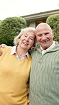 Face, embrace and old couple in front yard with new home, smile and property purchase for retirement. Happy, married senior people outdoor and moving in dream house with hug, love and real estate.
