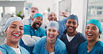 Team, face and doctors in hospital for selfie on social media, post and update for about us. Healthcare, portrait and people with silly photo, pov and memory for surgery success in medical internship