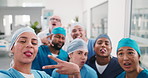 Face, selfie and doctor team in hospital for social media, post and update for about us. Healthcare, portrait and people with silly photo, pov and memory for surgery success in medical internship