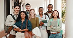 Face, friends and students at college with smile, pride and diversity for scholarship opportunity. Portrait, university and people with books for education, learning or class for knowledge in hallway