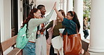 Smile, friends and students at campus with high five, good news and success for exam completion. Happy, people and celebration at university for well done, passing course and achievement for learning