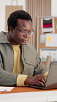 Laptop, research and documents with black man in office for textile sample, planning and project. Distribution data, fabric inventory and online tailor supplier with employee for sales forecast