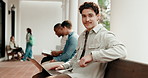 Face, happy and man at college with laptop, research and student website for exam results. Portrait, university and person on computer for project, internet and assignment for education or learning