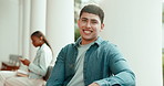 Face, campus and man at college with glasses, pride and excited for scholarship opportunity. Portrait, university and student on break for education, learning and happy for knowledge development
