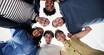 University students, face and friends with smile, huddle and laugh with scholarship for educational. Low angle, portrait and embrace with happy people, bonding together or support for academic growth