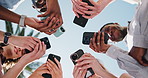 University, hands and circle of students with phone for social media, connection and networking. Education, below and friends on cellphone outdoor for internet, college website and exam results