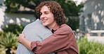 Greeting, friends and men at university outdoor for reunion, connection or walking to class together. Happy, talk and students with handshake on campus for college education, learning or knowledge