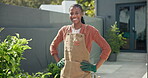 Gardening, face or black woman outdoor with smile, plant maintenance or botany pride in backyard. Nurture, laugh or happy person with confidence, greenery control or horticulture in home hobby.
