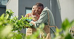 Horticulture, senior mother or woman outdoor with guidance, support or growth tips in gardening. Black family, old person or adult daughter with discussion, care advice or bonding in hobby together.