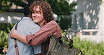 Handshake, friends and men at college outdoor for reunion, connection or walking to class together. Happy, talk and students with greeting on campus for university education, learning or knowledge