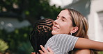 Greeting, friends and women hug at college for reunion, connection and walking to class outdoor. Happy, talking and students embrace on campus for university education, learning and study together