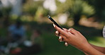 University, hands and woman with phone on campus for social media, connection and networking. Education, outdoor and student on cellphone for internet, college website and exam results online