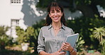 Face, lecturer and woman at college outdoor for education, learning development and career. Happy, portrait and professor on campus for university course, knowledge and books for academic curriculum