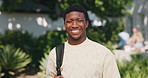Face, happy and man with backpack for university, study opportunity and excited for learning. Portrait, college and person with smile, pride and bag for education, school and scholarship outdoor