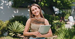 Face, happy and woman with books for college, university and scholarship opportunity at campus. Portrait, smile and student with textbook, backpack and pride for education, study and learning outdoor