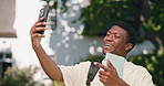 Pointing, student and black man with video call for conversation, virtual tour or chat on campus. Male person, academic learner or smile with phone for online vlog or discussion in university academy