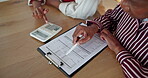 Hands, senior and family with calculator for invoice, monthly bills and help with household budget. Old parent, person and document with calculation, track expenses or assistance with finance in home